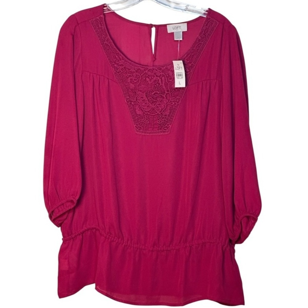 LOFT Blouse  Magenta Pink Long Sleeve Lace Detail Blouson Top‎ Elastic Hem NWT L